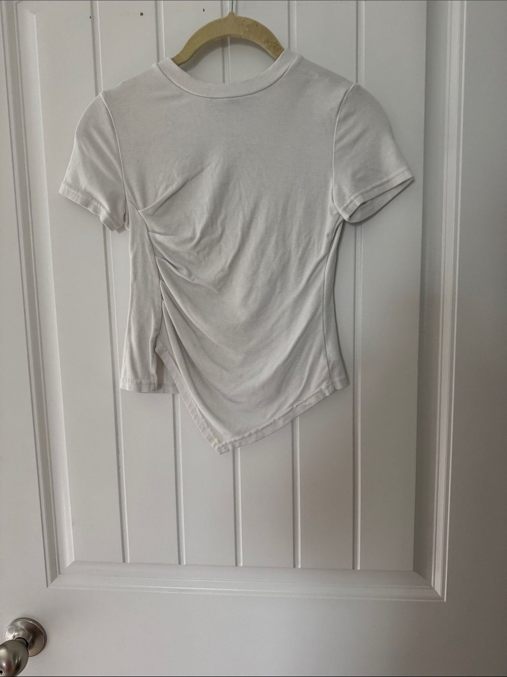 Asymmetric Ruched White Short-Sleeve Tee
